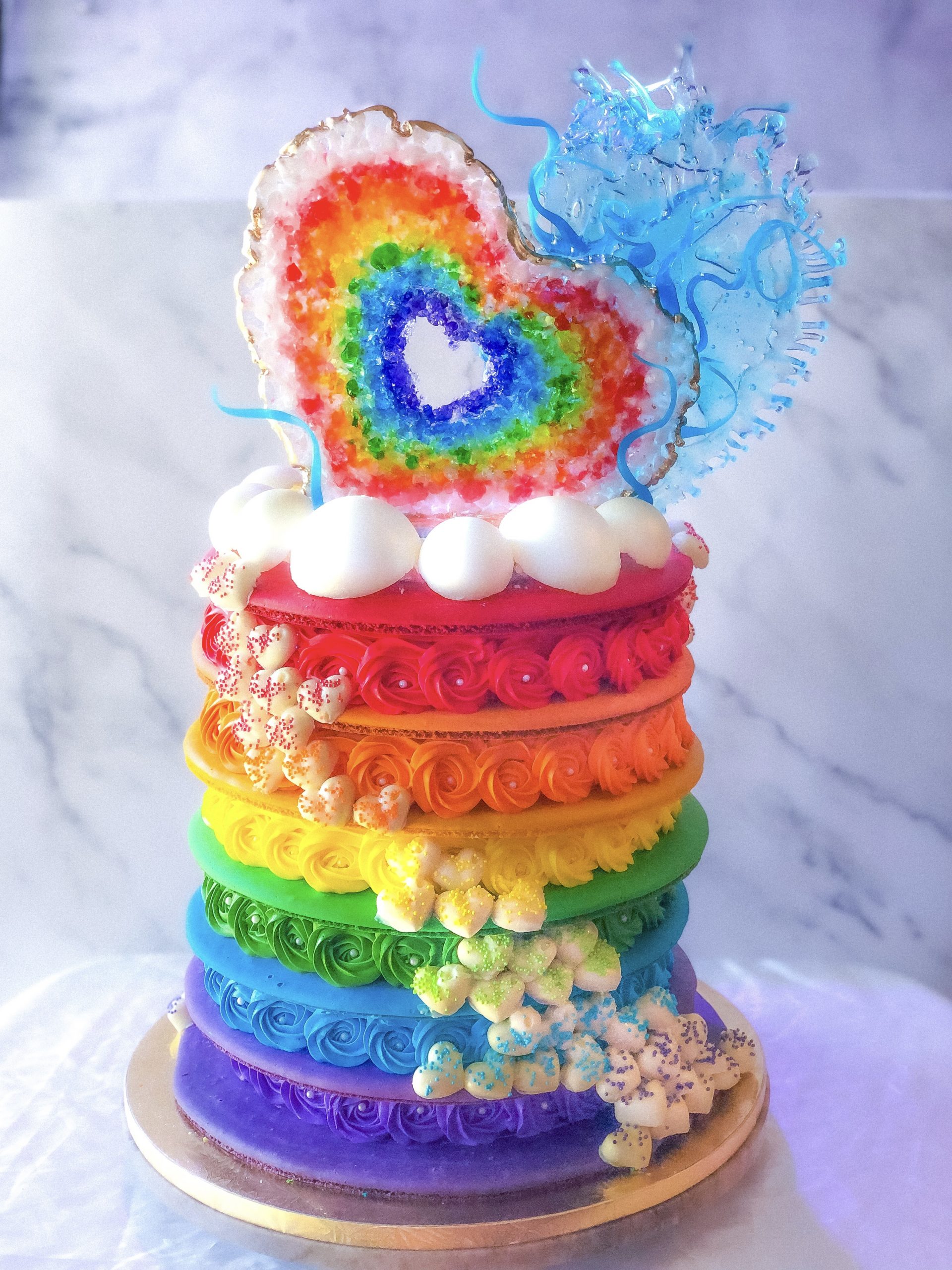 Rainbow geode heart macaron cake